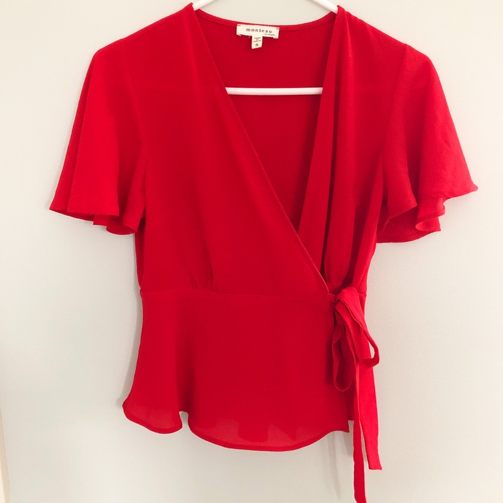 Monteau Peplum Wrap Top in Red